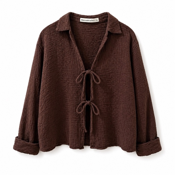 Abercrombie & Fitch Tops - Abercrombie & Fitch Oversized Gauze Tie Front Shirt Brown Long Sleeve Top Size L